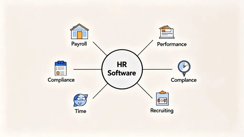 A diagram showing HR Software at the center, connected to modules like Payroll, Performance, Compliance, Recruiting, and Time.