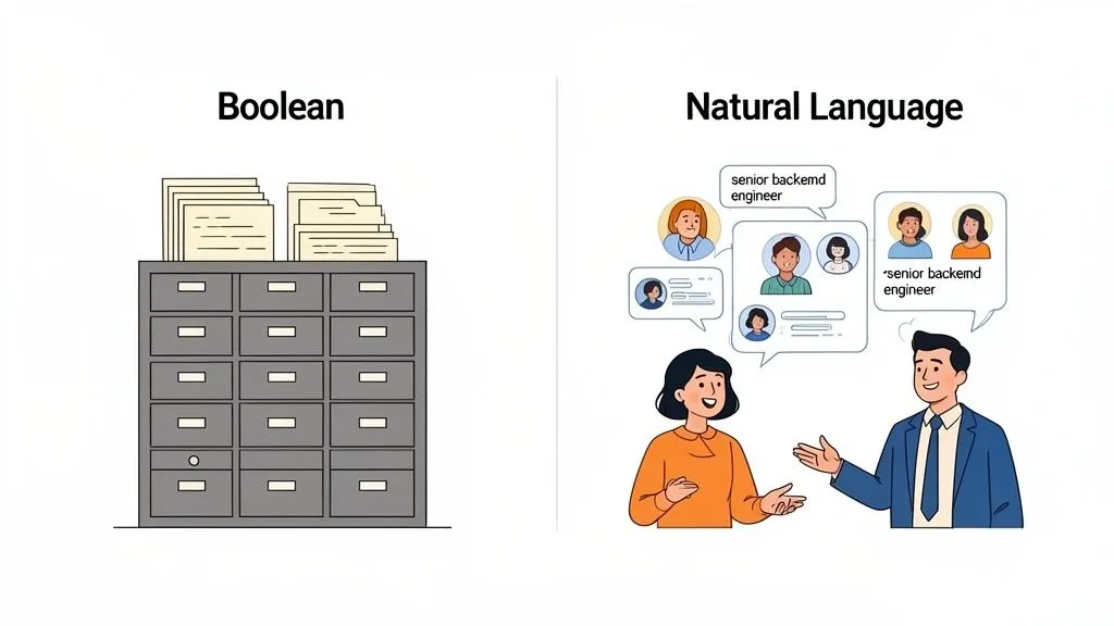 Illustration comparing Boolean search represented by a filing cabinet with natural language search showing people discussing profiles.