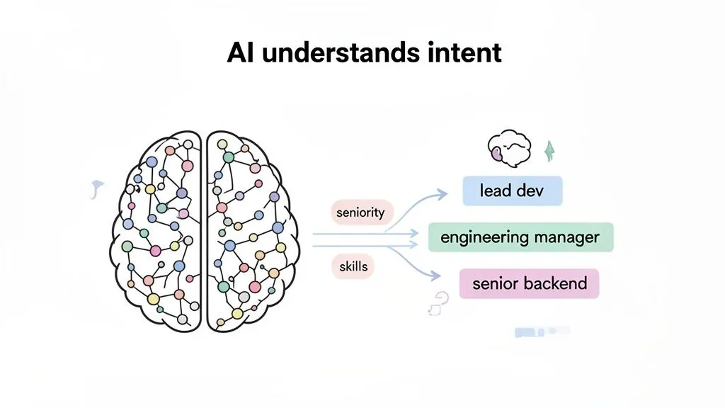 An AI brain model showing processing of seniority and skills to understand intent for tech roles.