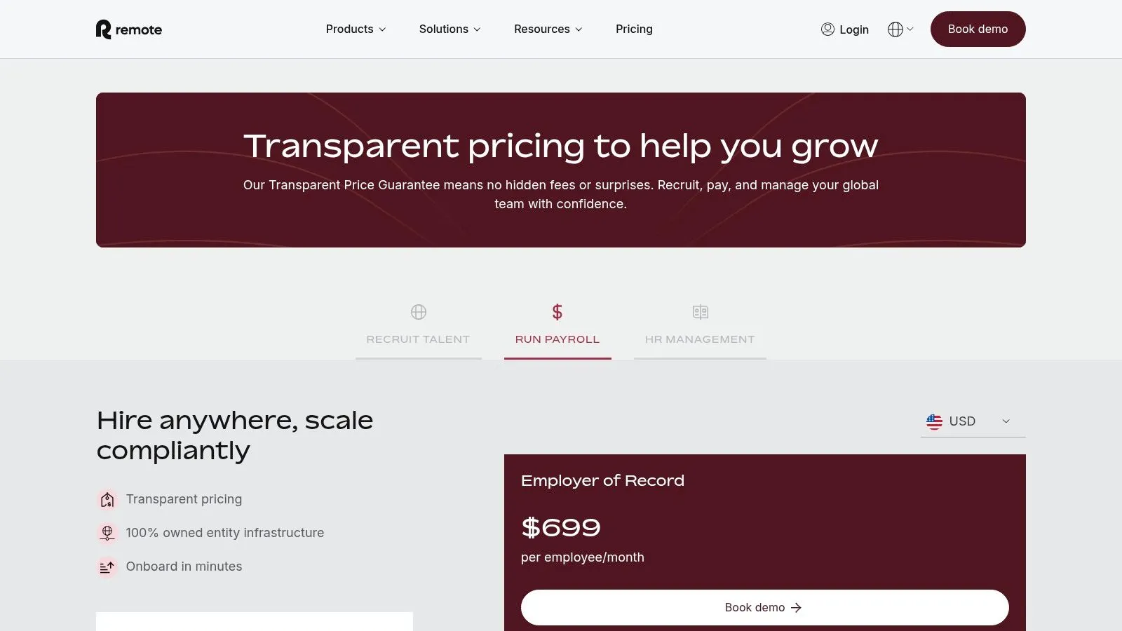Deel alternatives payroll pricing from Remote.com, showing costs for contractors and EOR employees