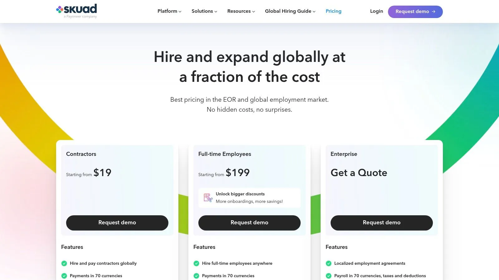 Deel alternatives pricing plans from Skuad, showing costs for EOR and contractors