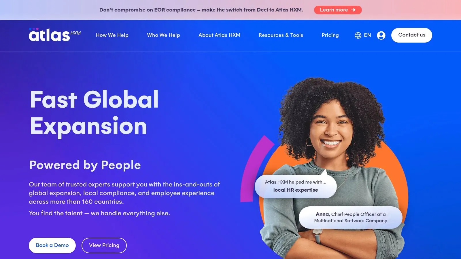 Deel alternatives global HR dashboard from Atlas HXM, showing employee data and analytics