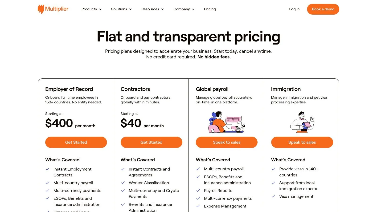 Deel alternatives pricing plans from Multiplier showing EOR and contractor management costs