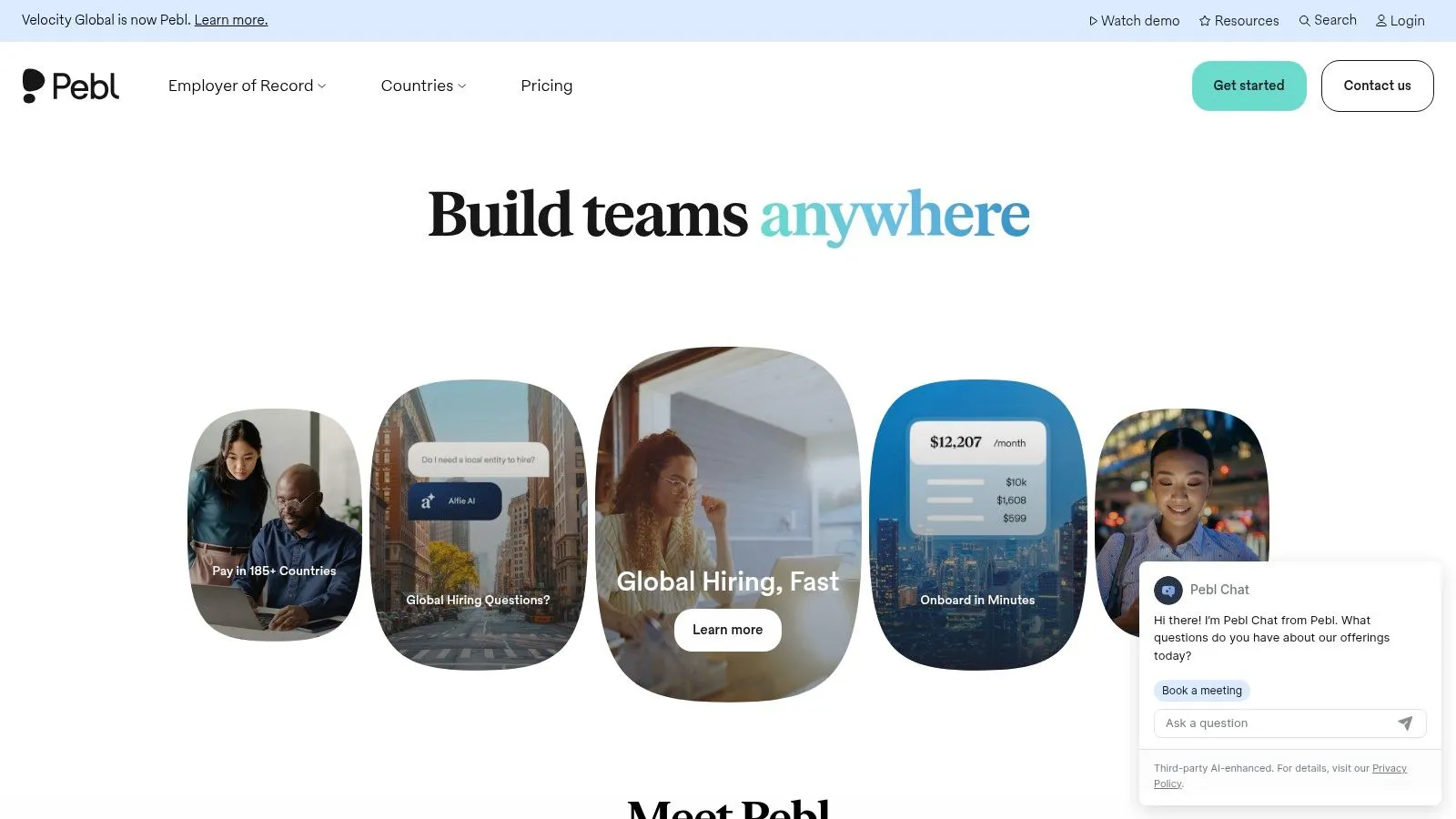 Deel alternatives global hiring with Velocity Global showing a world map and talent locations