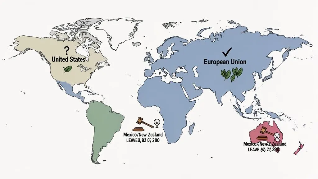 Paid time off world map illustrating US, EU, Africa, and Australia with leaves, checkmarks, and legal symbols.