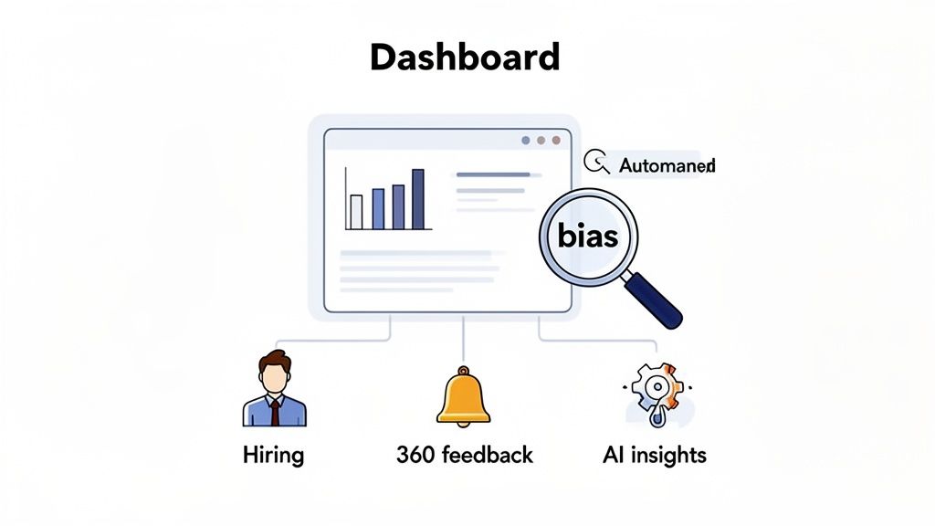 An HR dashboard visualizes hiring, 360 feedback, and AI insights, highlighting automated bias detection.