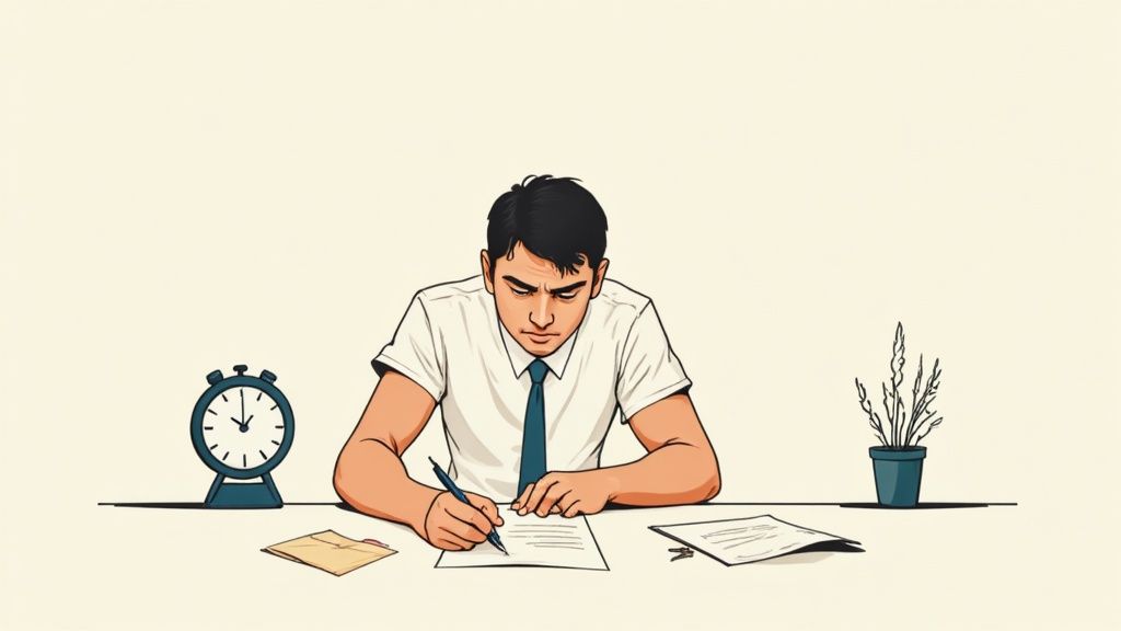 A person signing a formal document at a wooden desk with a laptop and plant nearby.