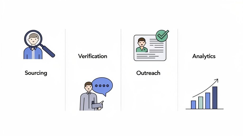 An illustration depicting a four-step hiring process: Sourcing, Verification, Outreach, and Analytics with icons.