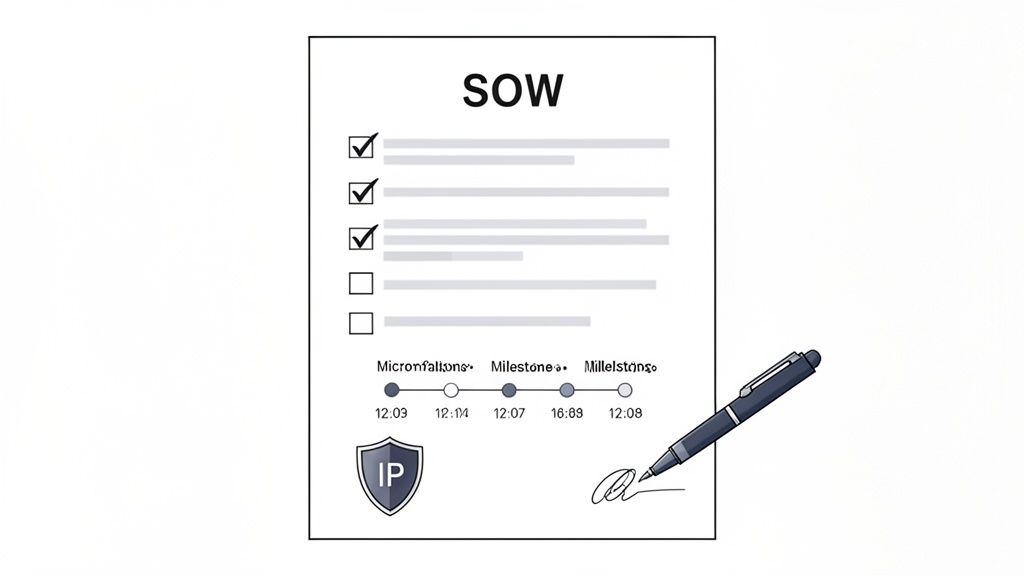 A SOW document with checklist items, a timeline of milestones, an IP logo, a signature, and a pen.