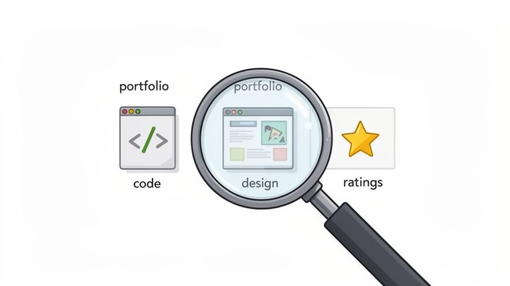 Gig workers being sourced with a magnifying glass focusing on a digital design portfolio, with code and ratings icons visible.