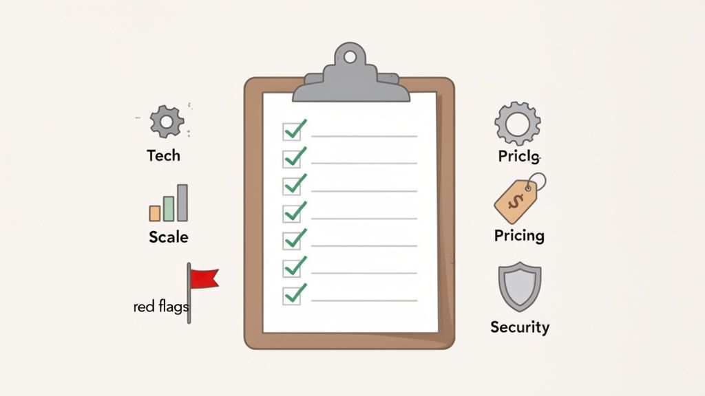 A comprehensive business checklist on a clipboard, surrounded by icons representing tech, scale, red flags, pricing, and security.