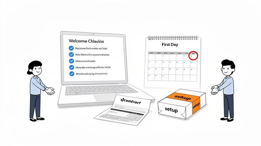 Two cartoon people welcome a new employee with a laptop checklist, calendar, contract, and setup box.