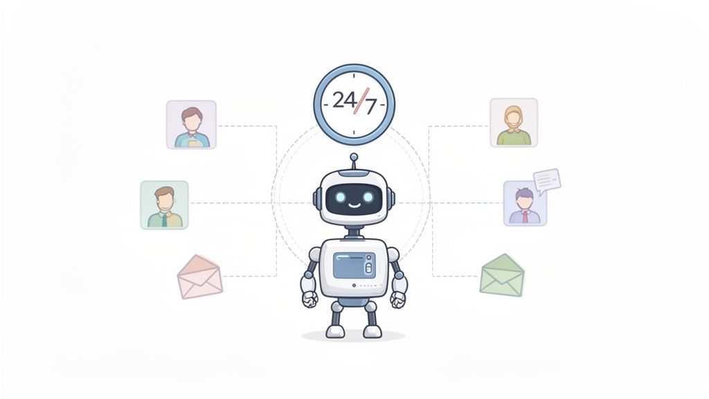 A friendly chatbot provides 24/7 support to multiple users, indicated by profile and message icons, symbolizing candidate experience best practices in autonomous outreach.