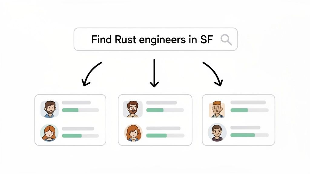 A search interface showing a plain-English query for "Rust engineers in SF" with multiple candidate profiles appearing as results, illustrating candidate experience best practices for talent search.