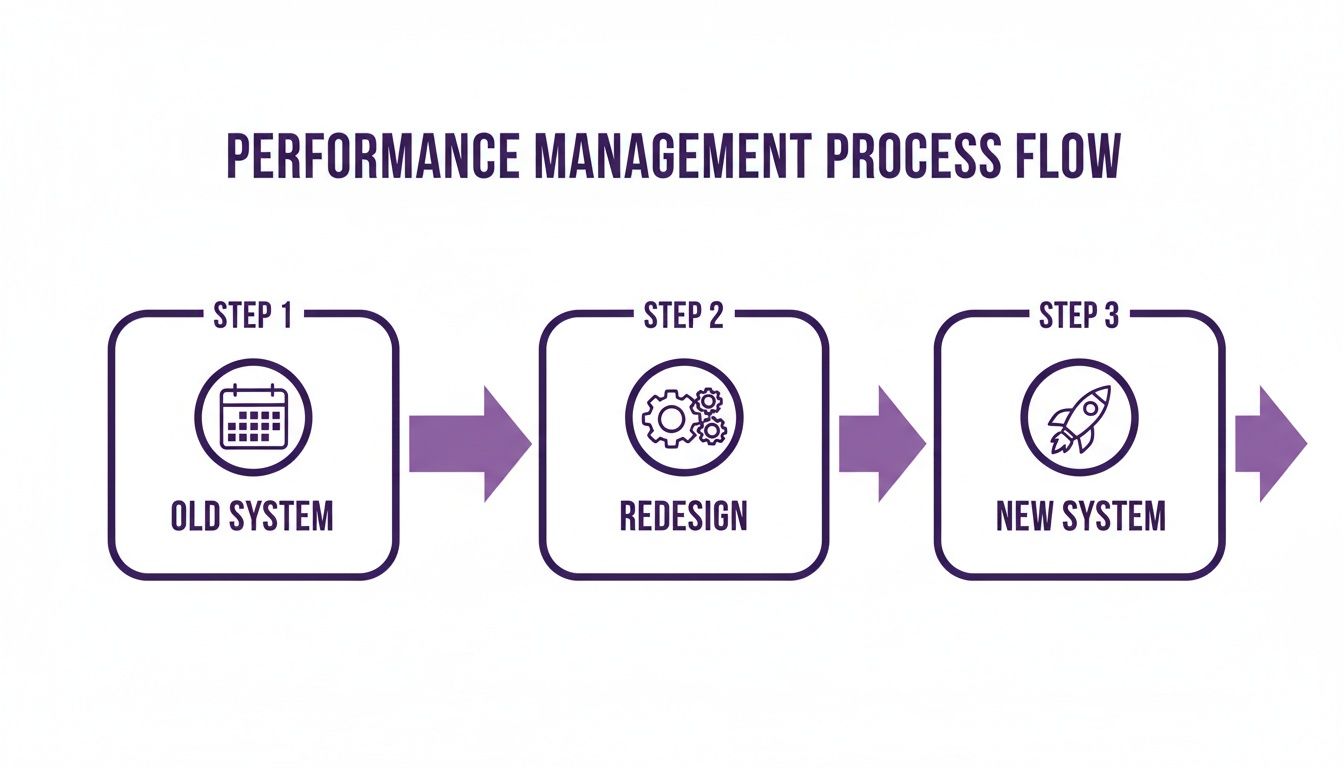 A performance management process flow diagram showing three steps: old system, redesign, and new system.