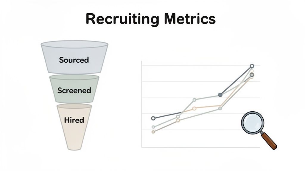 Recruiting metrics visualization with a funnel showing sourced, screened, hired candidates and a line graph.