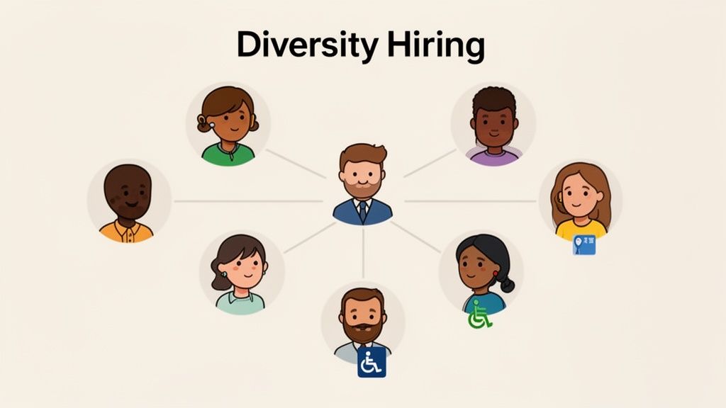 technical recruiter interview questions showing an illustration of diverse individuals, some with disabilities, connected to a central figure, representing diversity hiring.