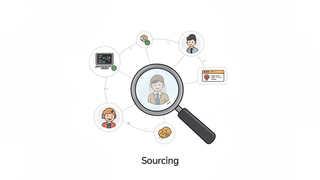 technical recruiter interview questions showing a magnifying glass on a person, surrounded by icons for skills, profiles, and ideas, illustrating talent sourcing.