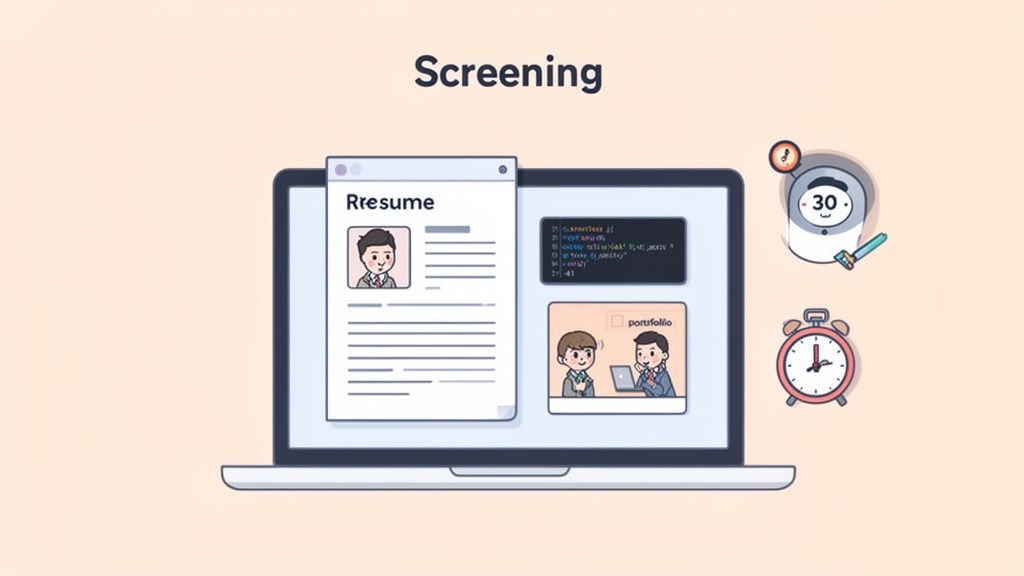 A laptop screen displays a resume, code, and portfolio, representing a job screening process for technical recruiter interview questions.