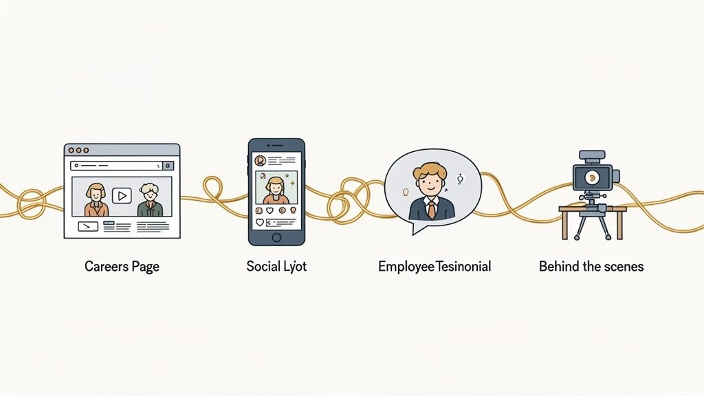 Illustration showing employer branding elements: careers page, social media, employee testimonials, and video production.