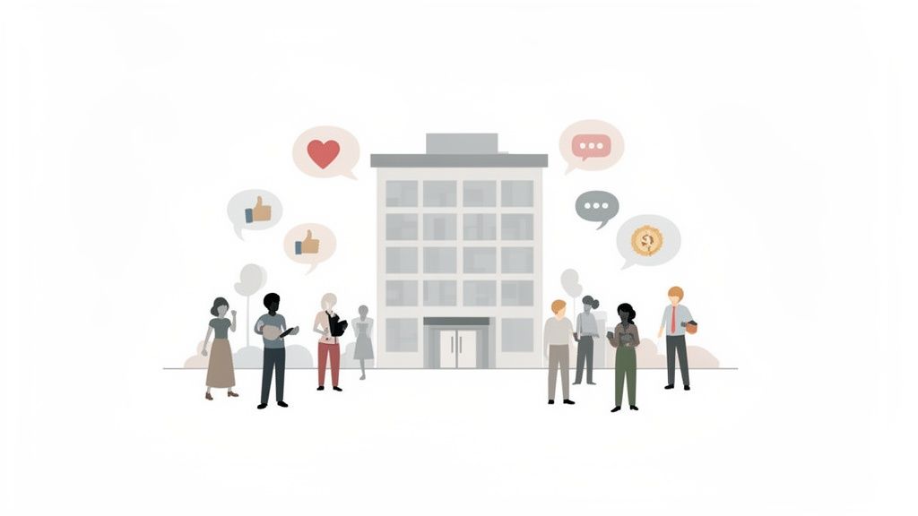 what is employer branding diverse employees around an office building with speech bubbles showing positive feedback