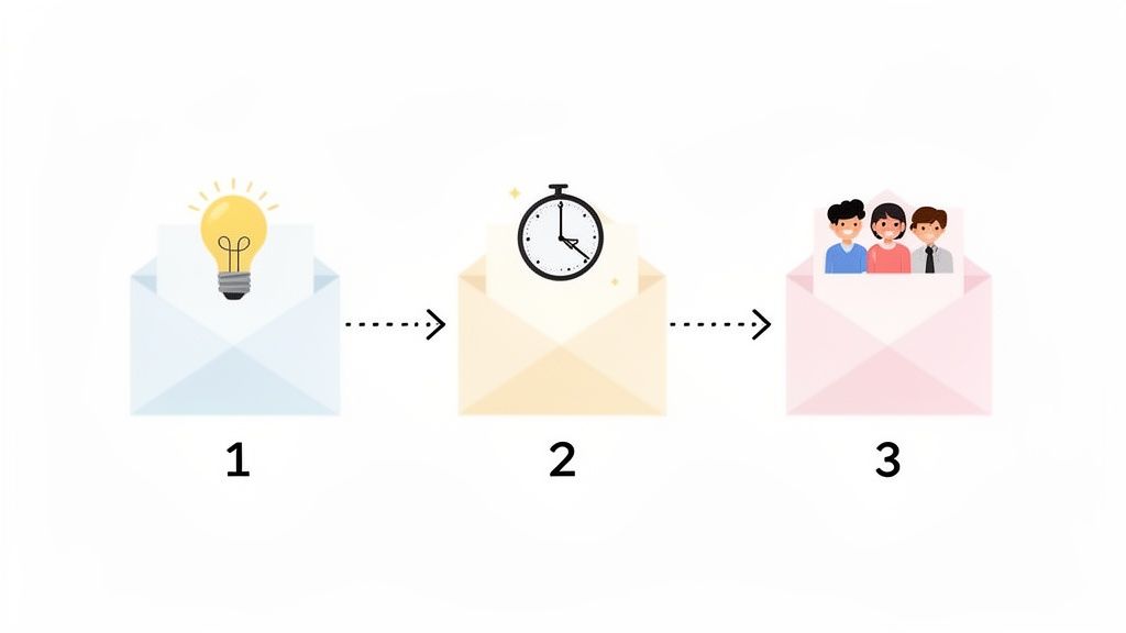 recruitment email sample process steps showing three envelopes illustrating a process: an idea, followed by time, leading to people or a team.