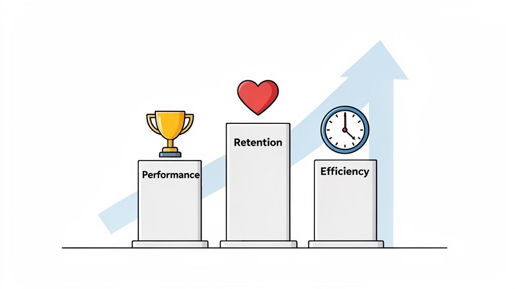 Three pedestals represent Performance (trophy), Retention (heart), and Efficiency (clock) with an upward growth arrow.