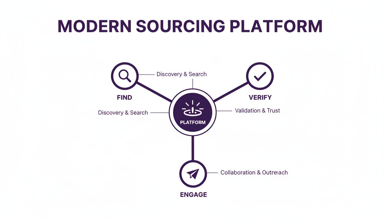 talent sourcing platform diagram detailing three stages: Find, Verify, and Engage for talent acquisition.