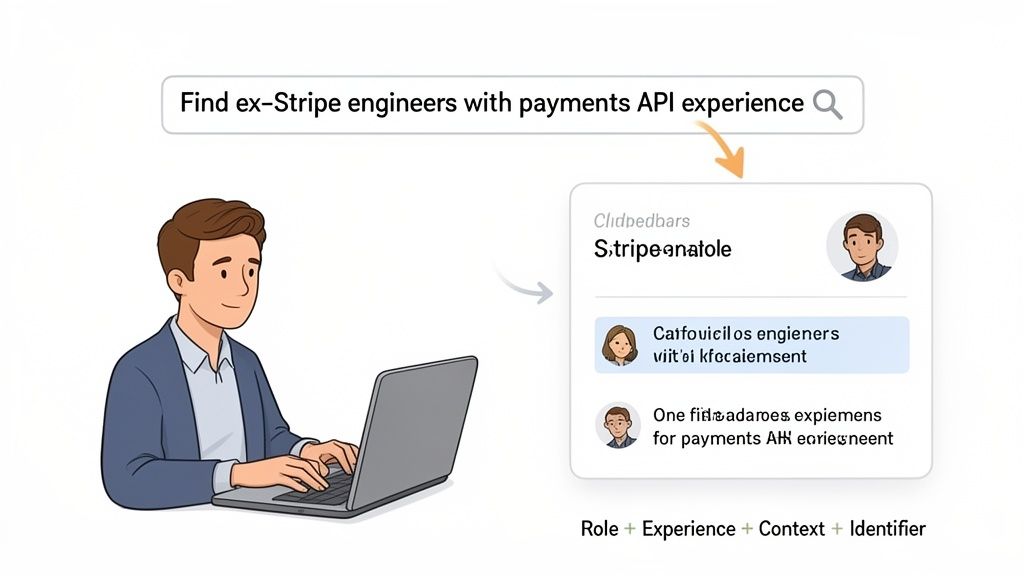 A man uses a laptop to search for ex-Stripe engineers with payments API experience via a smart search tool.