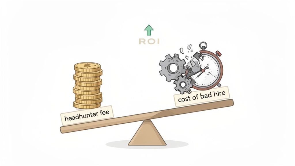 Illustrates the financial balance: a small headhunter fee against the significant cost of a bad hire, increasing ROI.