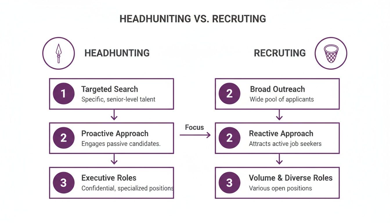 A comparison diagram illustrating key differences between headhunting and recruiting strategies.