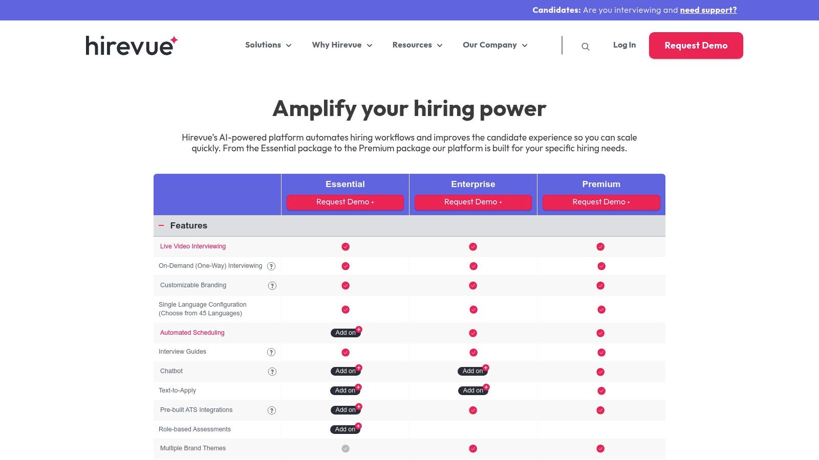 Remote hiring tools showing the HireVue pricing page and request demo button