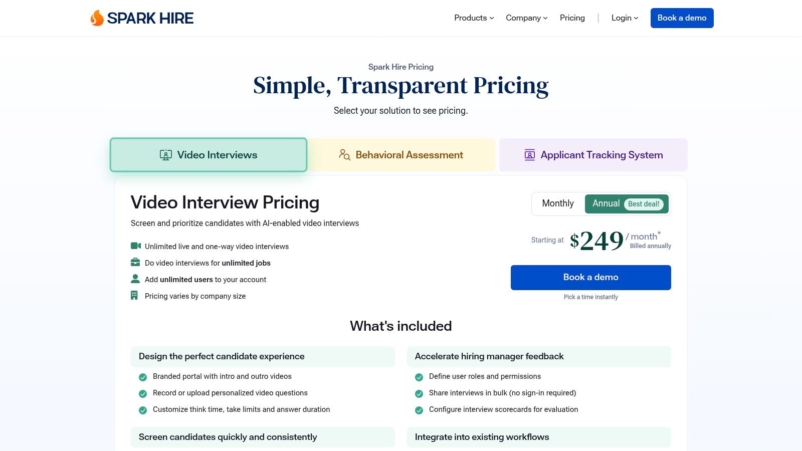 Remote hiring tools showing the pricing page for Spark Hire