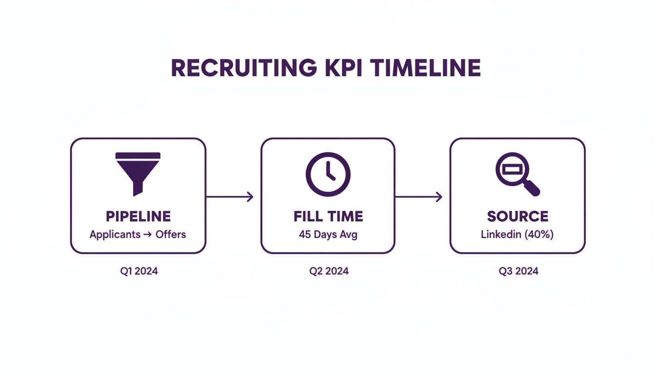 Recruiting KPI timeline showing pipeline, fill time, and source metrics across Q1-Q3 2024.