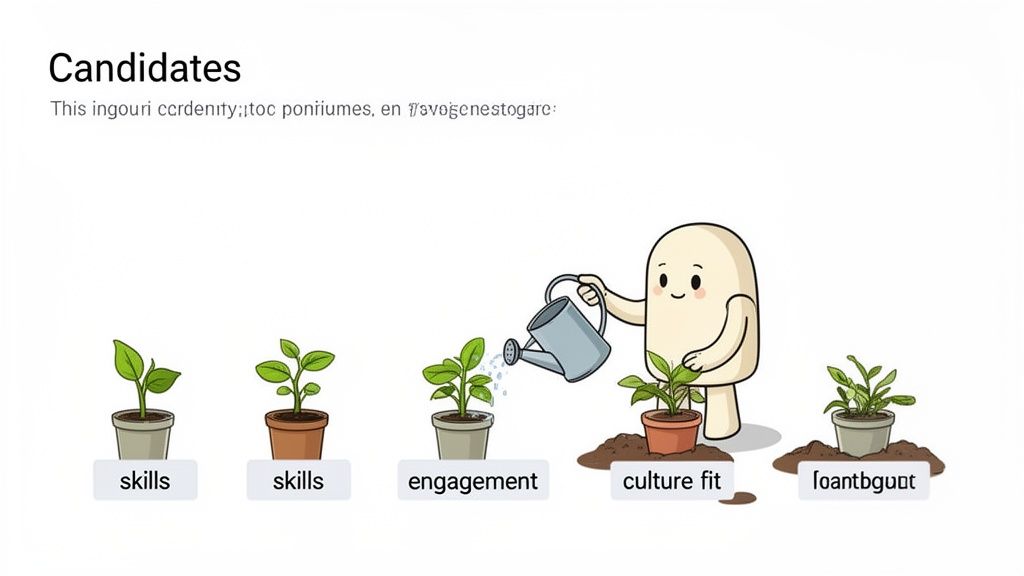 A cartoon character waters a plant labeled 'culture fit', alongside other plants labeled 'skills' and 'engagement'.