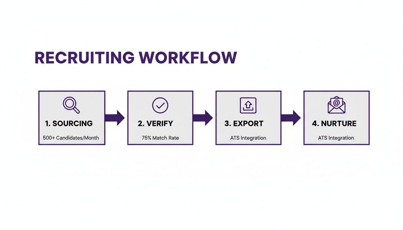A recruiting workflow diagram with four steps: Sourcing, Verify, Export, and Nurture, with details.