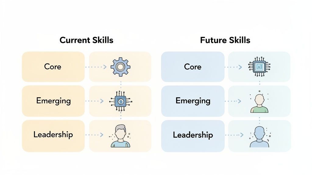 Visualizing the shift from current to future workforce skills, highlighting AI and human-centric roles.