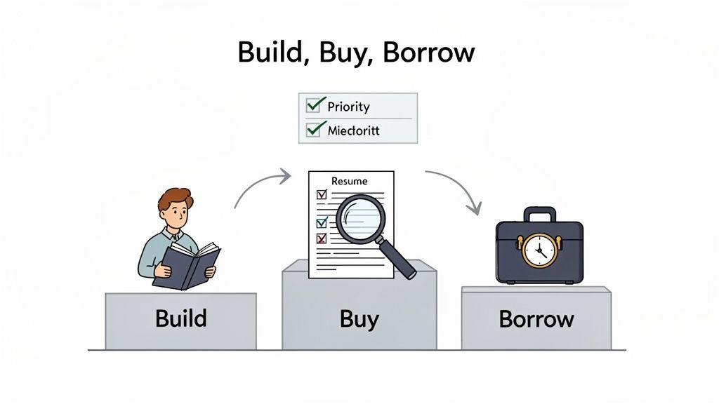 Diagram illustrating 'Build, Buy, Borrow' options for workforce planning: internal development, recruitment, and external resources.