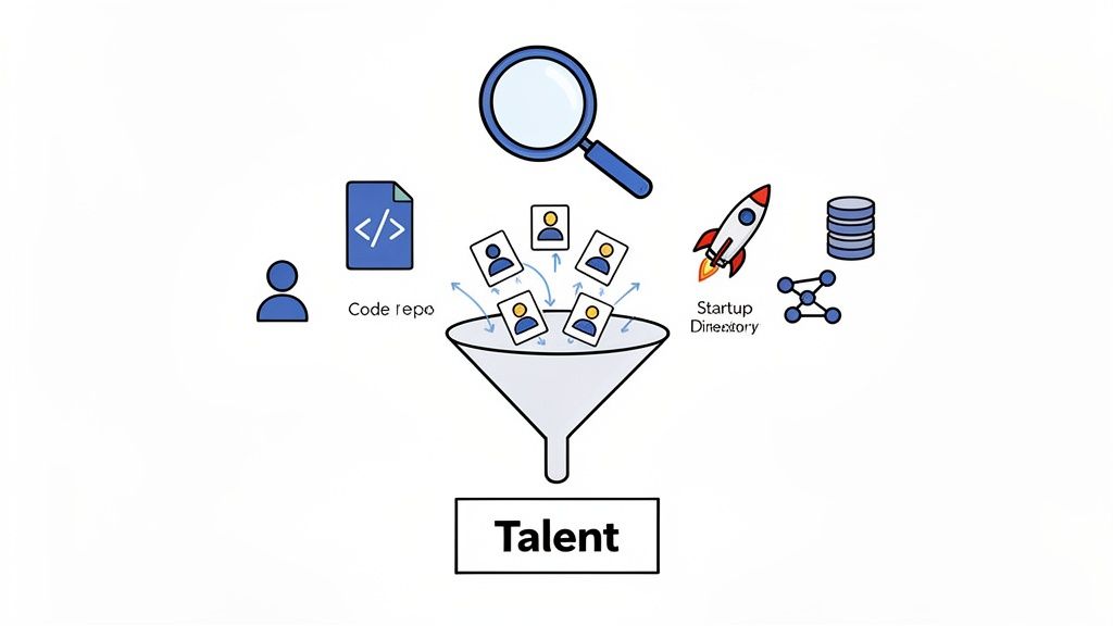 recruiter interview questions and answers showing a magnifying glass over various data sources funneling into a talent pipeline.