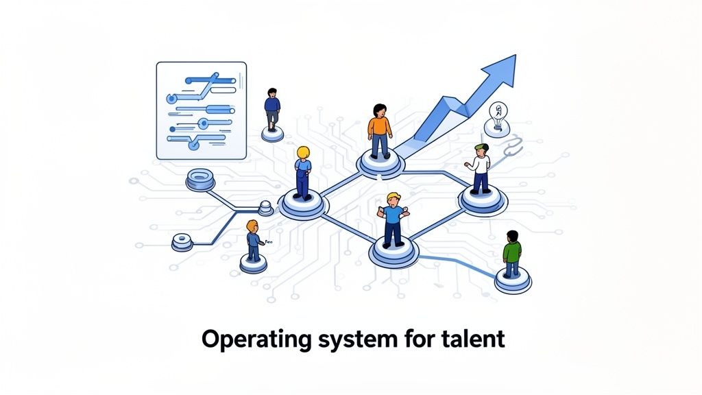 Illustration of a network of diverse people connected on a circuit board, symbolizing a talent operating system with growth.