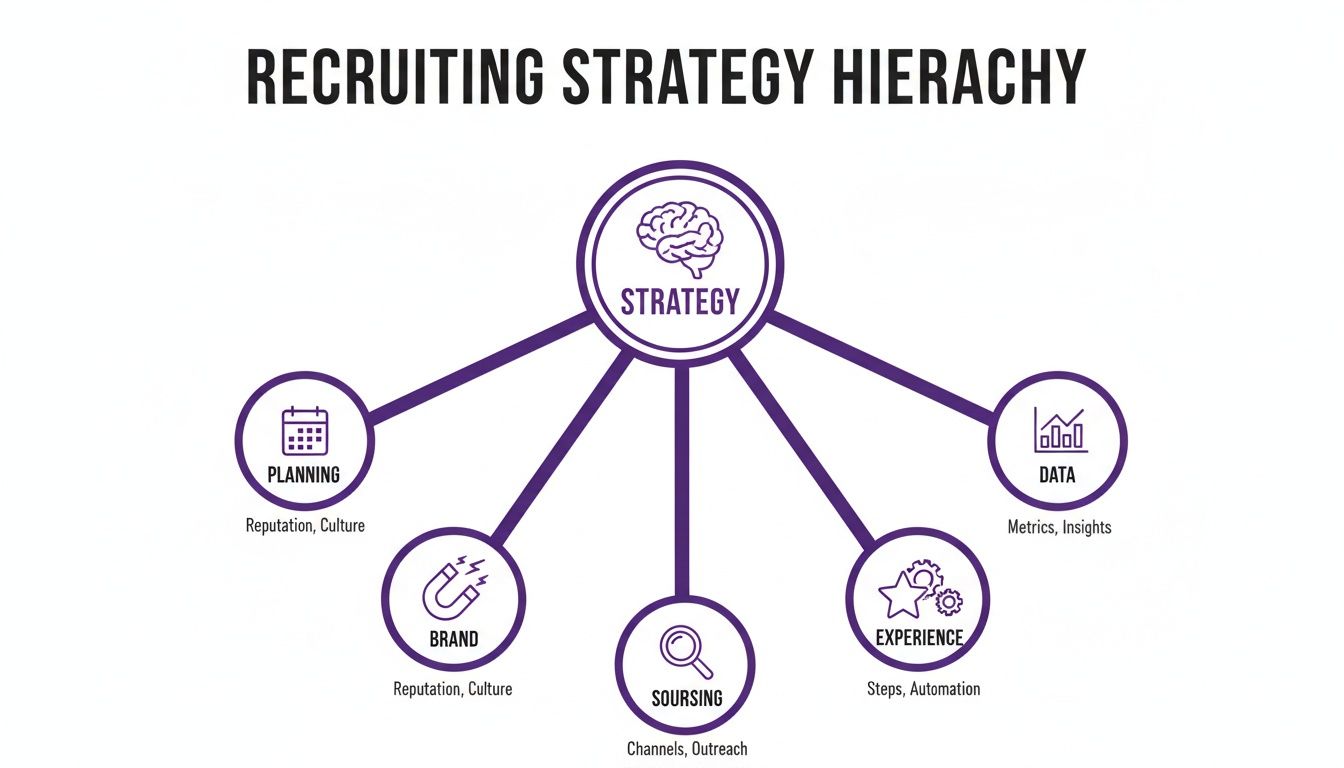 A detailed diagram illustrating the recruiting strategy hierarchy with key elements like planning, brand, sourcing, experience, and data.