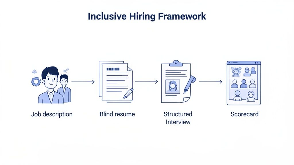 A flowchart illustrating an inclusive hiring process with steps: job description, blind resume, structured interview, and scorecard.