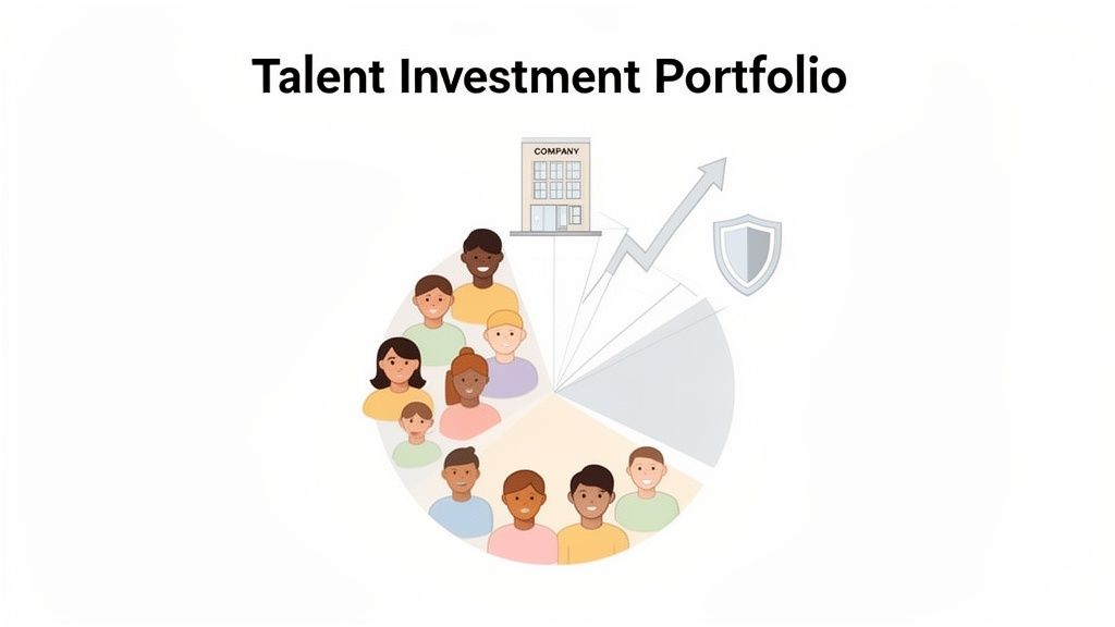 A diversity recruiting strategy visualized as a talent investment portfolio, showing diverse employees contributing to company growth.