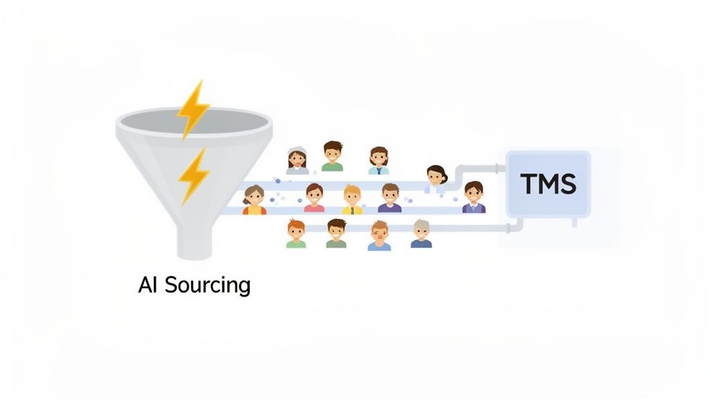 Illustration of AI Sourcing funnel with lightning bolts directing diverse talent into a Talent Management System (TMS).