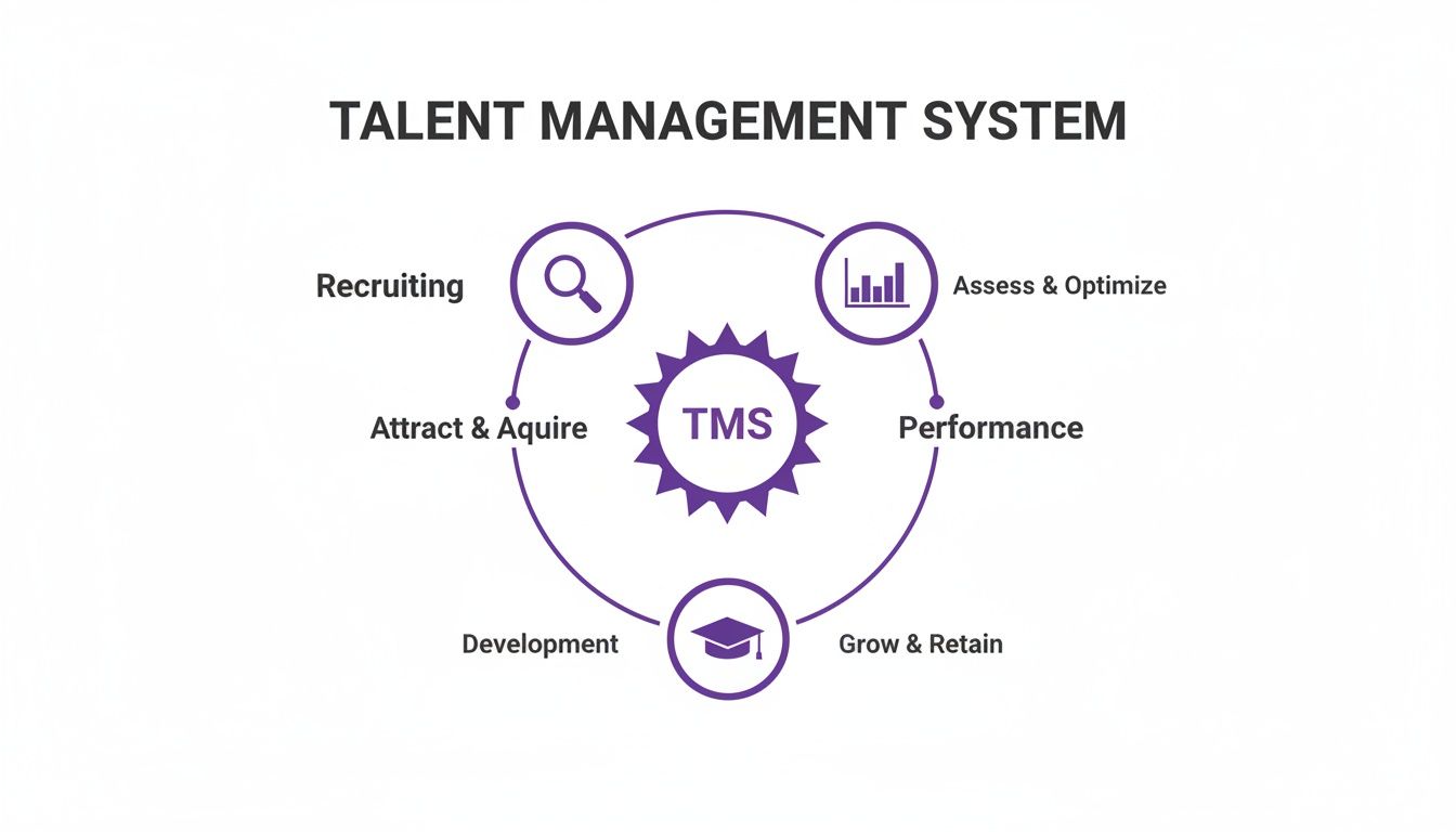 A talent management system diagram showing core HR functions like recruiting, development, performance, and assessment in a circular flow.