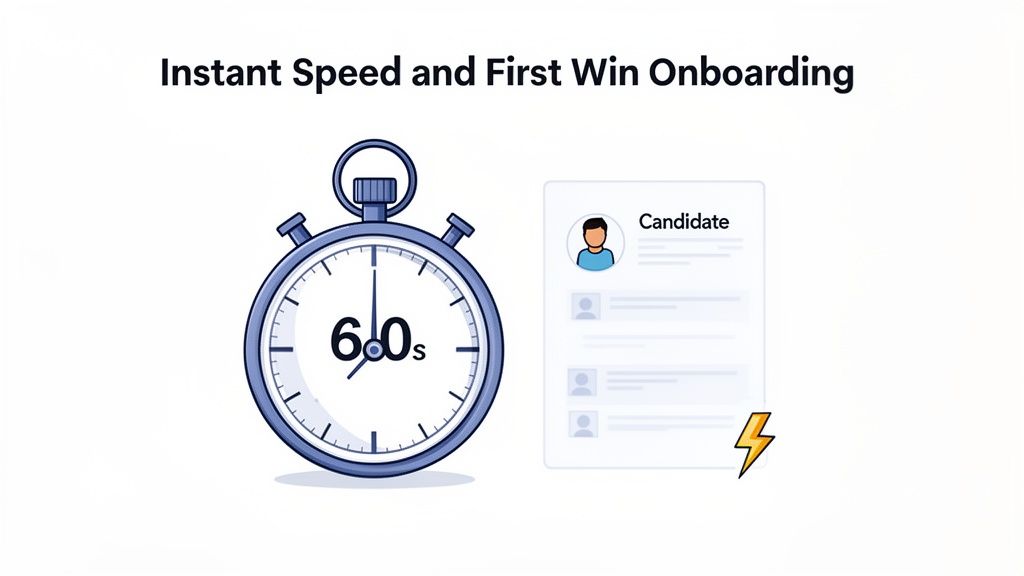 A stopwatch showing 60 seconds next to a candidate profile, symbolizing the instant speed and efficiency of a great welcome to the team message.
