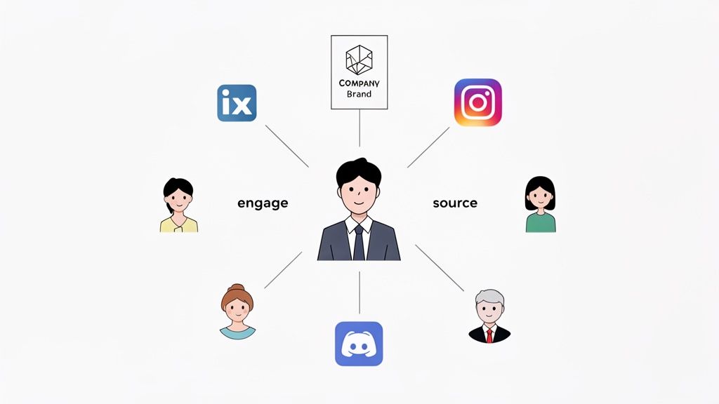 A central figure uses social media platforms like LinkedIn, Instagram, and Discord to engage and source candidates.