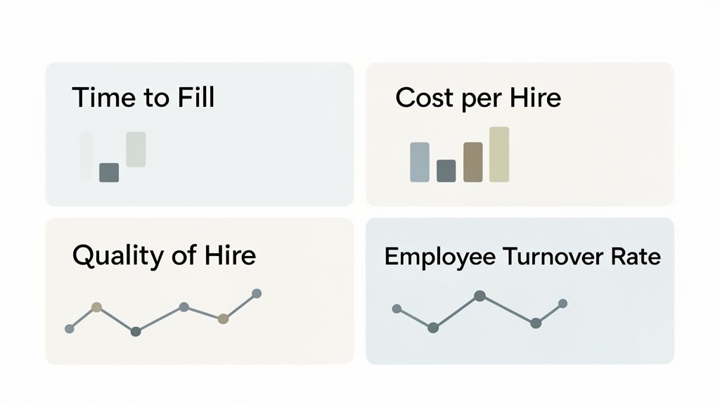 Four dashboard cards display key HR metrics: Time to Fill, Cost per Hire, Quality of Hire, and Employee Turnover Rate.