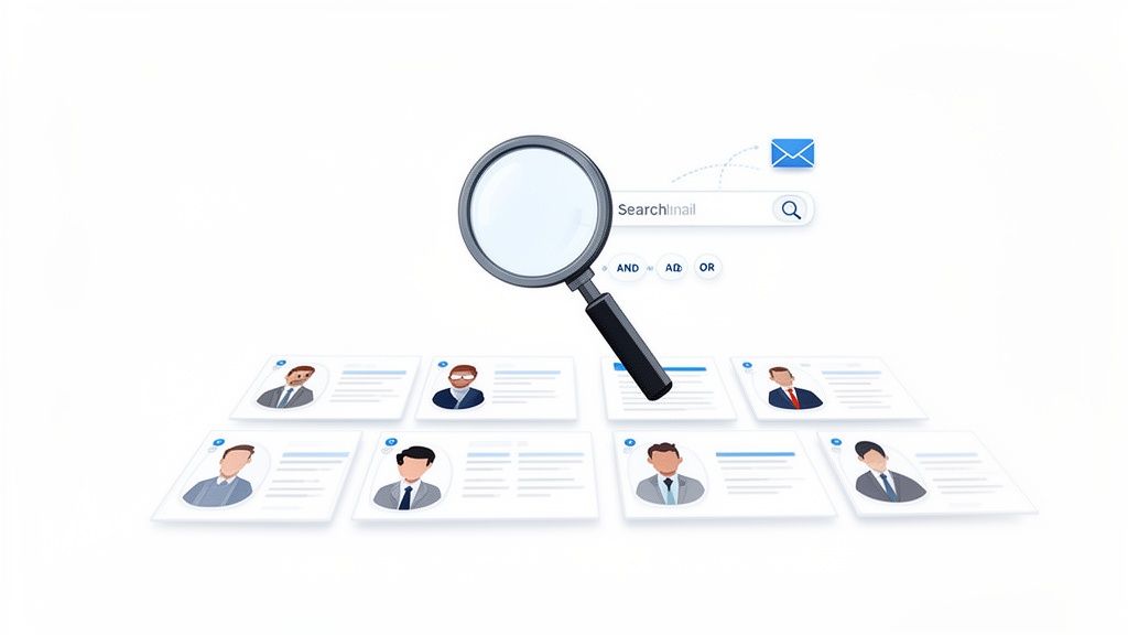 candidate sourcing channels showing a magnifying glass over profile cards.