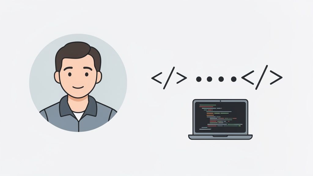 candidate sourcing channels showing a developer with coding symbols and a laptop.